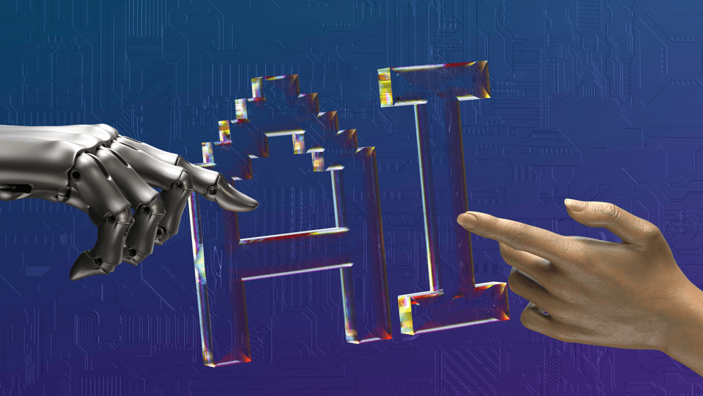 mains humain et robot touchent le mot AI