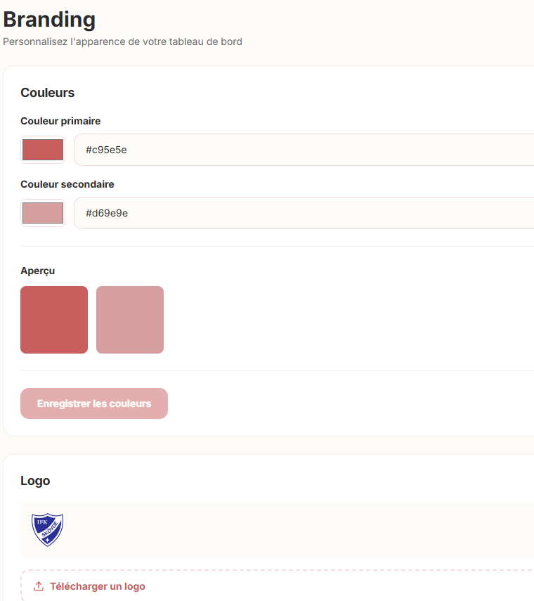 Réglages de la marque : couleurs principale et secondaire avec aperçu, et logo de l'établissement