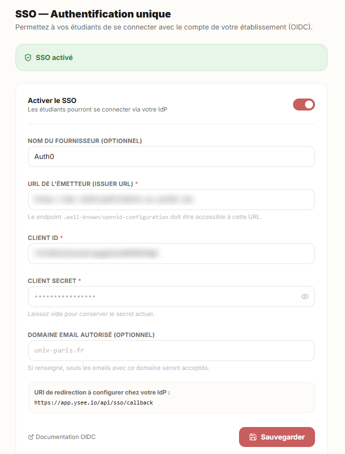 Réglages de la connexion unique SSO : fournisseur, URL de l'émetteur, Client ID, domaine e-mail autorisé et URI de redirection